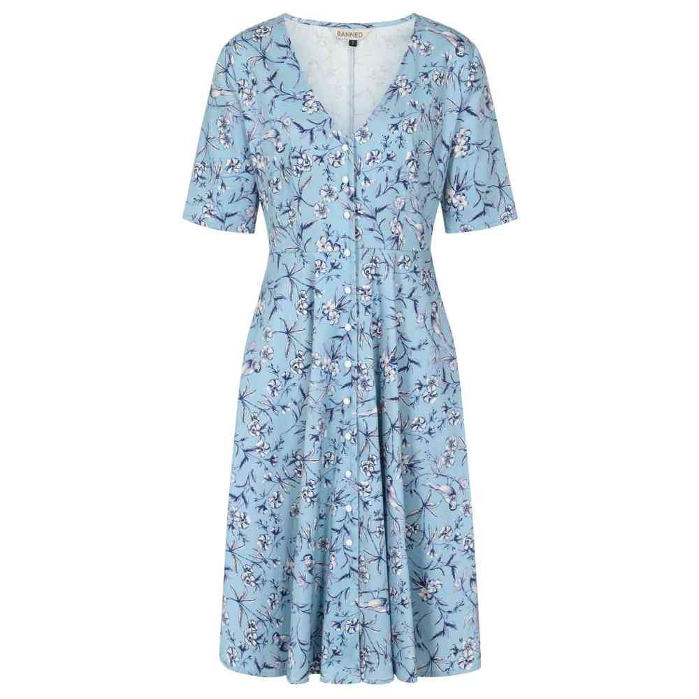 Banned - Emilia Toile Swing Robe Ã©vasÃ©e - Bleu